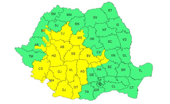 Cod galben de vânt puternic şi viscol în 20 de judeţe