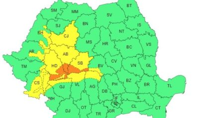 Cod portocaliu de ninsoare în zona montană a judeţelor Hunedoara, Alba şi Sibiu. Sursa: Administrația Națională de Meteorologie