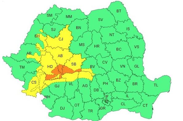 Cod portocaliu de ninsoare în zona montană a judeţelor Hunedoara, Alba şi Sibiu. Sursa: Administrația Națională de Meteorologie