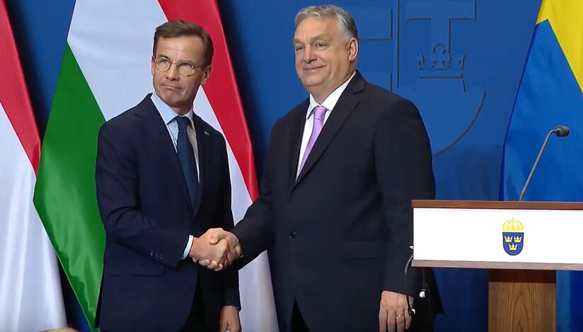Prim-ministrul ungar Vikor Orban și prim-ministrul suedez Ulf Kristersson / captura video