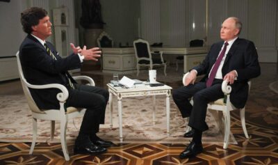 Vladimir Putin i-a acordat un interviu jurnalistului american Tucker Carlson. Sursa foto: Profimedia