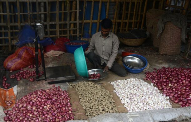 Vânzător de legume (ceapă, usturoi și ghimbir) în India. Sursa foto: Profimedia Images