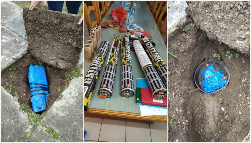 Materiale pirotehnice, ascunse de suporteri într-o groapă