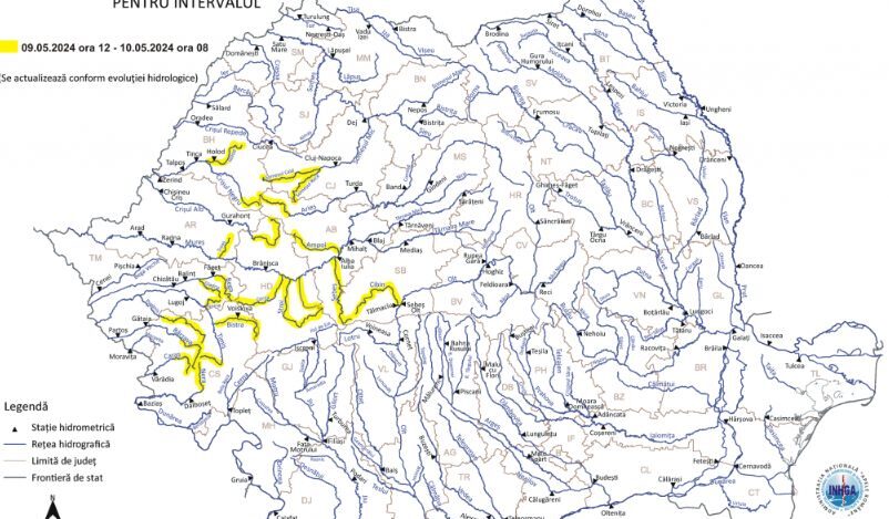Cod galben de inundaţii pe râuri din Transilvania, Banat, Crişana şi Oltenia. Sursa foto: Institutul Naţional de Hidrologie şi Gospodărire a Apelor