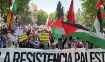 Câteva mii de persoane, purtând pancarte şi bannere în sprijinul palestinienilor, au mărşăluit sâmbătă la Madrid
