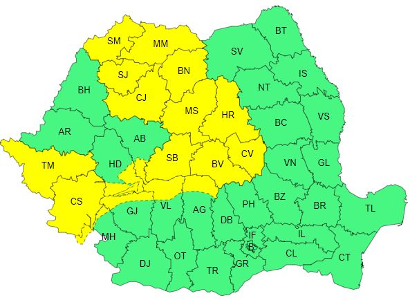 Cod galben de intensificări ale vântului pentru 18 judeţe, până la ora 23:00