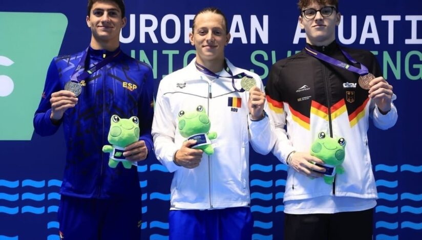 Robert-Andrei Badea a câştigat medalia de aur în proba de 200 m mixt, joi, la Campionatele Europene de înot pentru juniori de la Vilnius (Lituania). Sursa foto: Federației Române de Natație și Pentatlon Modern