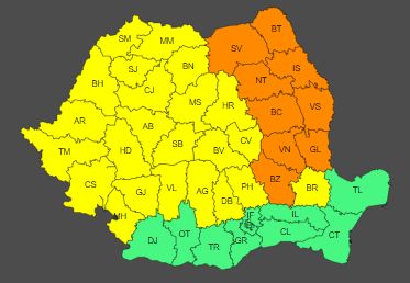 Avertizări meteorologice. Sursa: Administraţia Naţională de Meteorologie