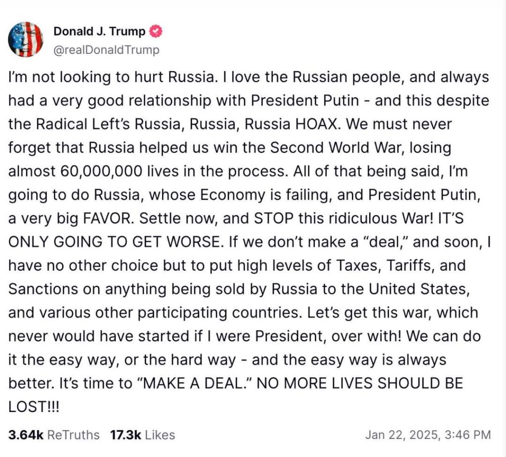 Donald Trump îl ameninţă pe Putin cu sancțiuni asupra produselor rusești, dacă nu ajunge la un acord de încetare a războiului din Ucraina