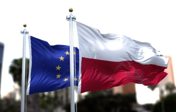 Drapelurile Poloniei și Uniunii Europene. Sursa foto: Profimedia Images