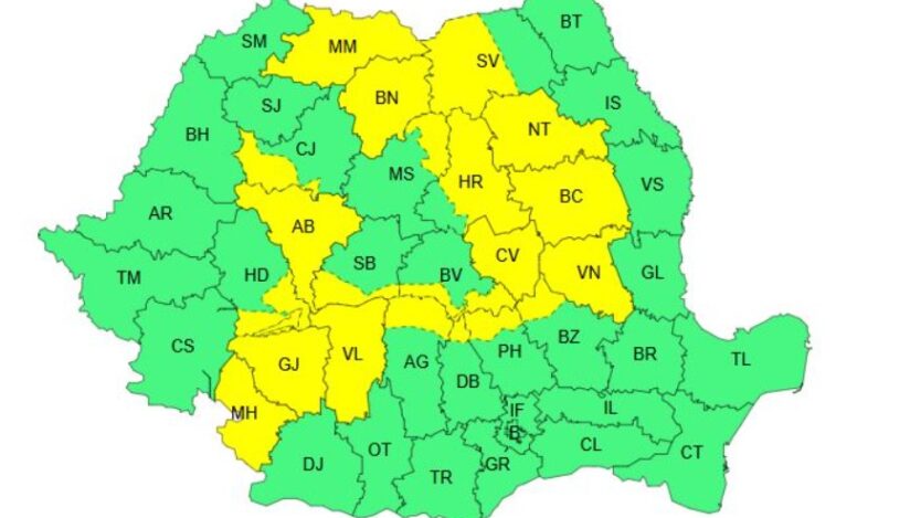 Cod galben de ploi torențiale și vijelii în 21 de județe