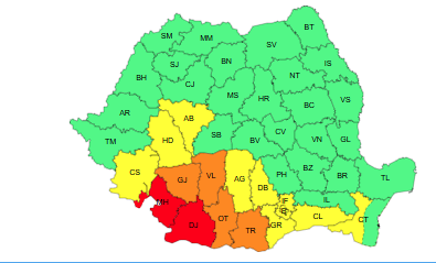 Cod roşu de caniculă, în judeţele Mehedinţi şi Dolj, luni şi marţi. Alerte de vânt puternic, în mai multe zone