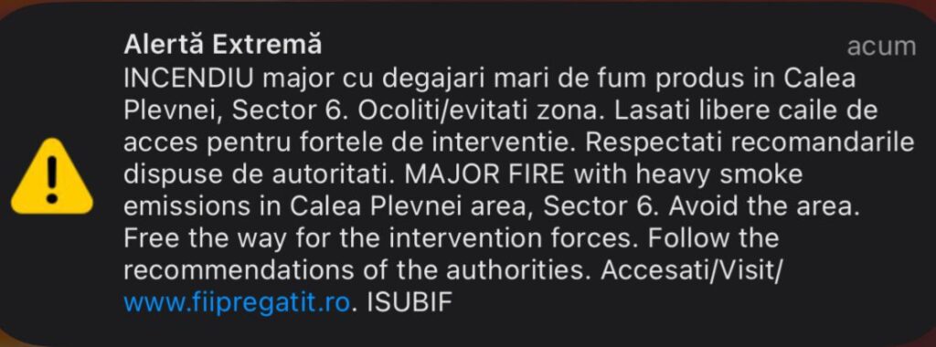 Incendiu izbucnit la subsolul unei clădiri pe Calea Plevnei din Capitală, cu degajări mari de fum. A fost emis un mesaj RO-ALERT