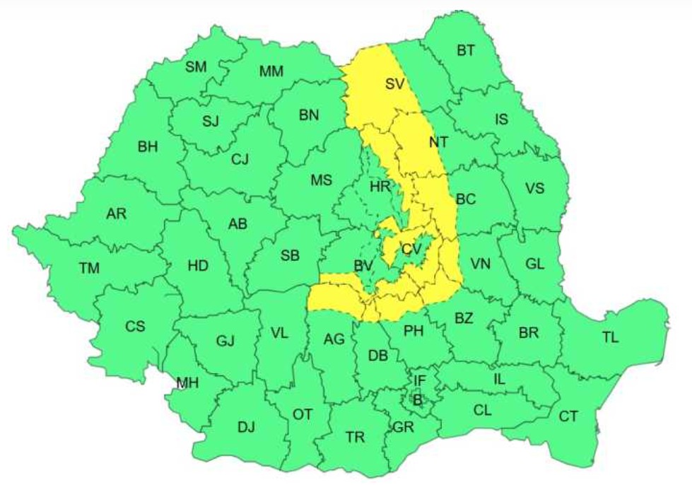 Cod galben de vânt în peste trei sferturi din țară, vineri. Intensificări în 12 județe, până sâmbătă dimineața