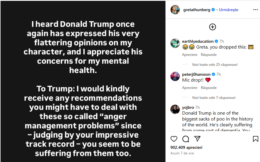 Trump o trimite pe Greta Thunberg să consulte un medic „E complet nebună”. Ce a răspuns activista suedeză