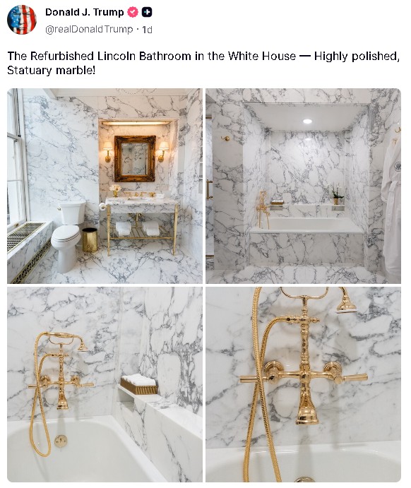 Trump a prezentat modificările aduse băii Lincoln, pe măsură ce reamenajarea Casei Albe continuă