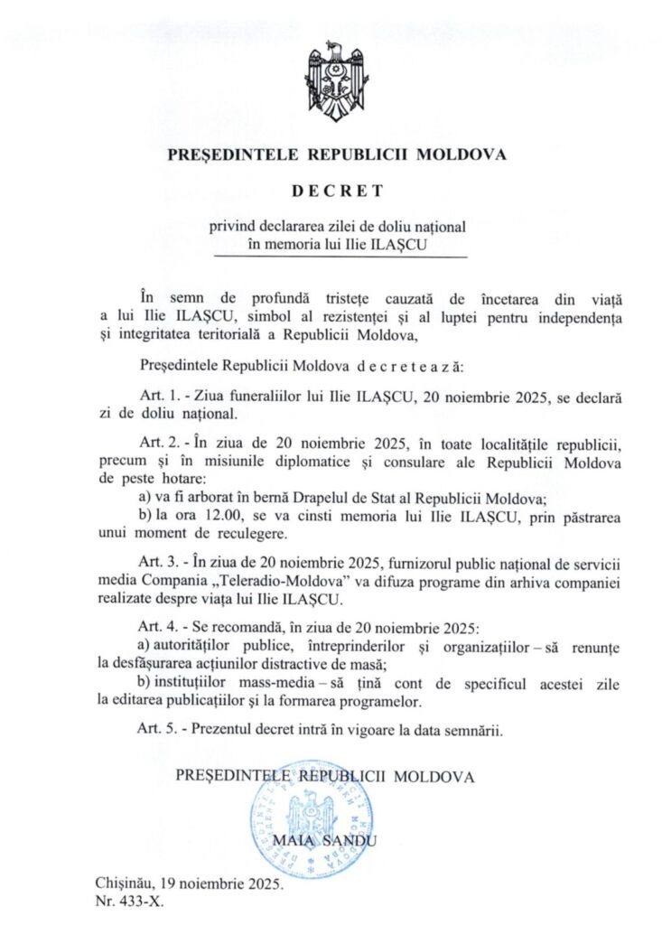 Zi de doliu în Republica Moldova, joi, când va fi înmormântat Ilie Ilașcu