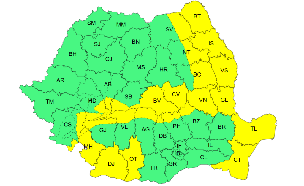 Vremea se înrăutățește în întreaga țară: cod roșu, portocaliu și galben de ninsori viscolite și vânt puternic în majoritatea regiunilor