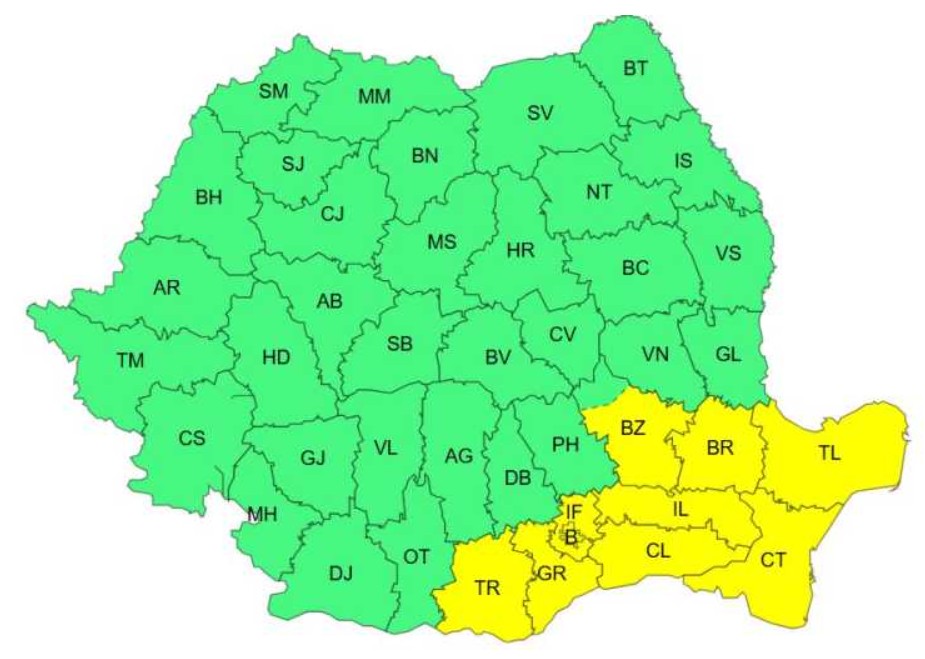 Nouă județe din sud-estul țării și Capitala sunt sub Cod galben de intensificări ale vântului