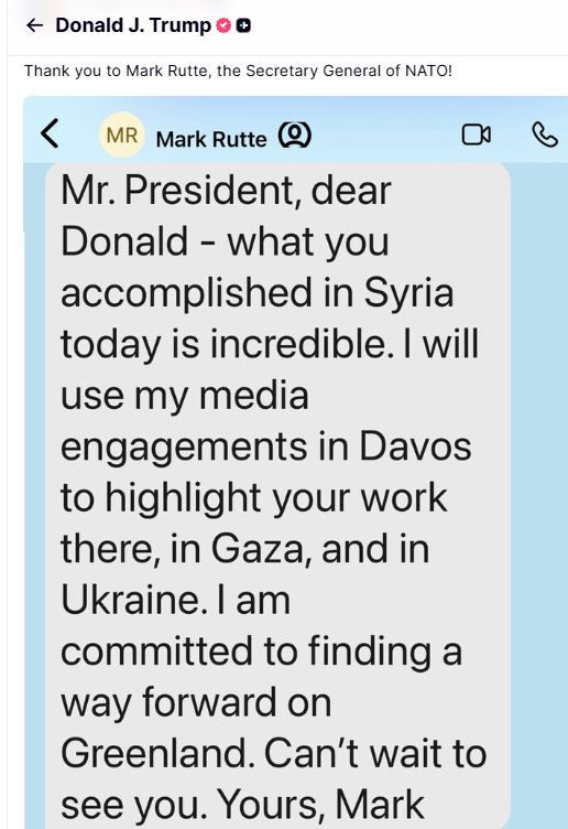 Trump publică o captură de ecran a unui mesaj elogios de la secretarul general al NATO, Mark Rutte, în care apare și o referire la Groenlanda