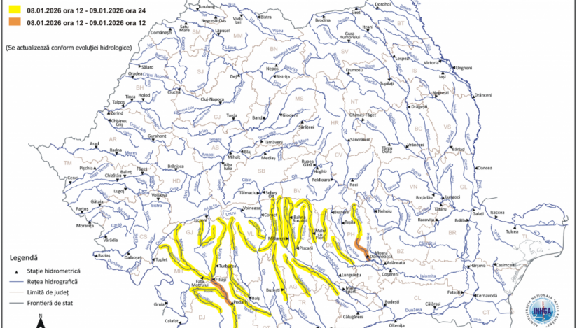 Cod galben şi Cod portocaliu de inundaţii pe râuri din 12 judeţe