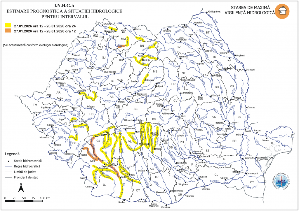 Avertizări cod galben și portocaliu de inundații în 13 județe ale României