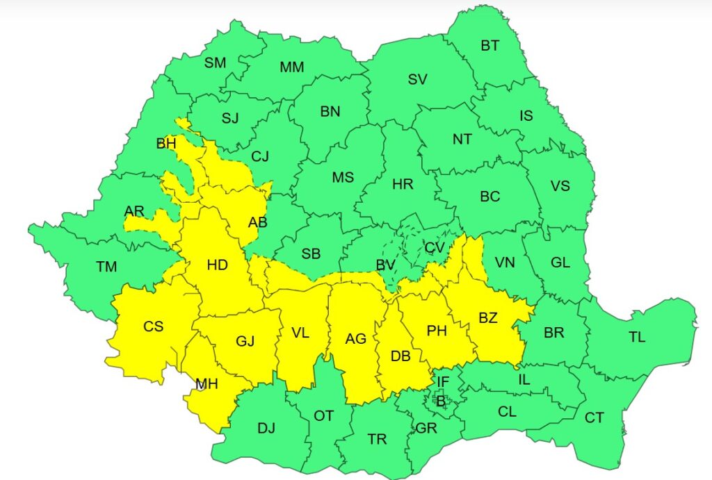 Cod galben de vânt puternic în 11 județe, până luni dimineață. Cod galben de precipitații în 18 județe, de luni până marți dimineața