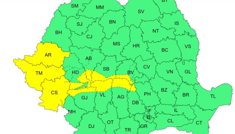 Cod galben de vânt puternic și precipitații în 29 de județe, valabil până marți