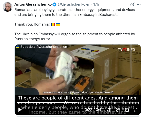 Un oficial ucrainean a distribuit știrea TVR despre românii care au donat în cadrul campaniei „Generatoare de Speranţă”: “Mulțumim, România!”