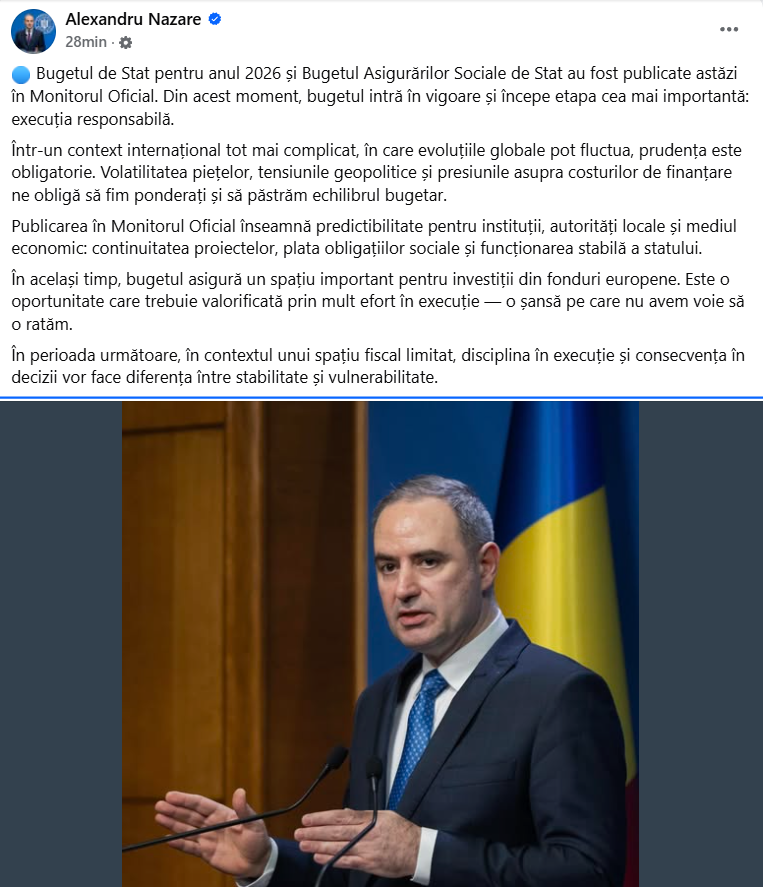 Bugetul de stat pentru 2026 a fost publicat în Monitorul Oficial. Nazare: Disciplina bugetară va face diferența între stabilitate și vulnerabilitate