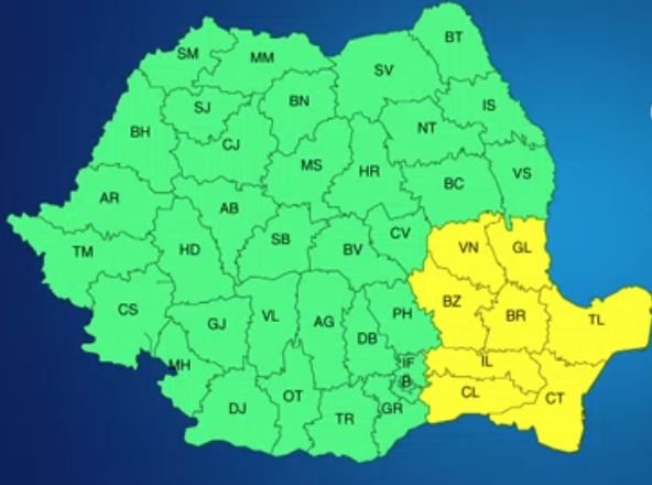Vânt puternic în sud-estul ţării. Cod galben în mai multe județe, vineri și sâmbătă
