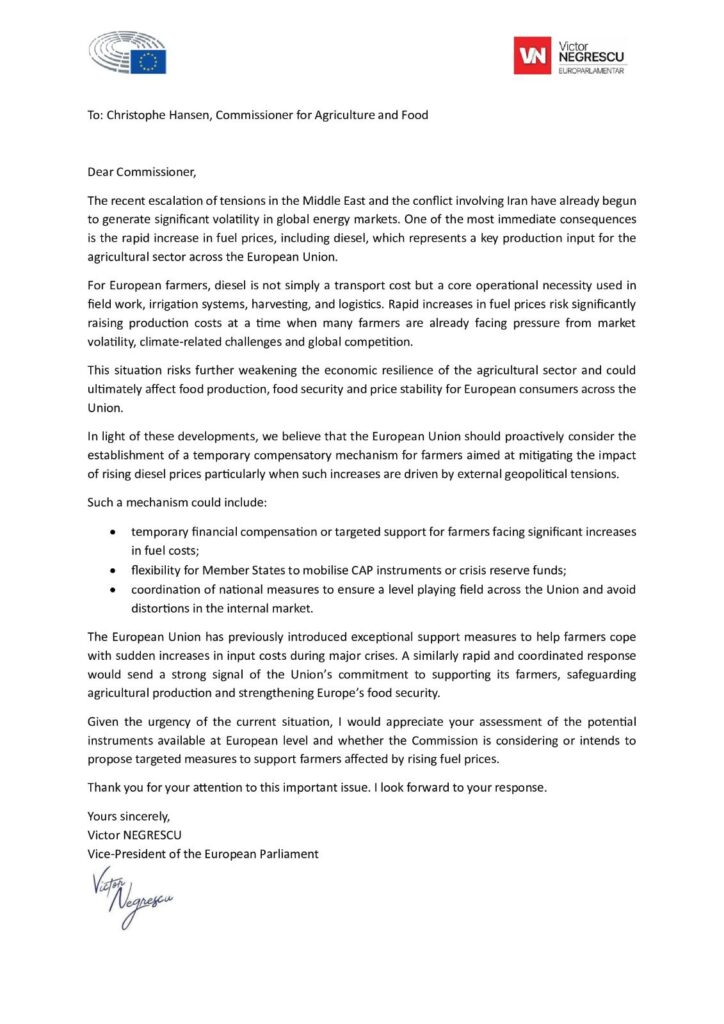 Sprijin pentru fermierii afectați de creșterea prețurilor la carburanți | Victor Negrescu solicită activarea unui mecanism compensatoriu la nivel european