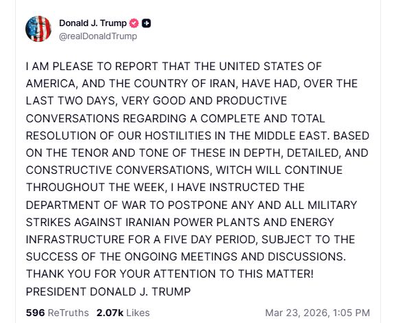 Trump anunță că SUA și Iranul au purtat discuții despre o “rezolvare completă și totală a ostilităților”. Atacurile împotriva infrastructurii energetice iraniene, amânate pentru cinci zile
