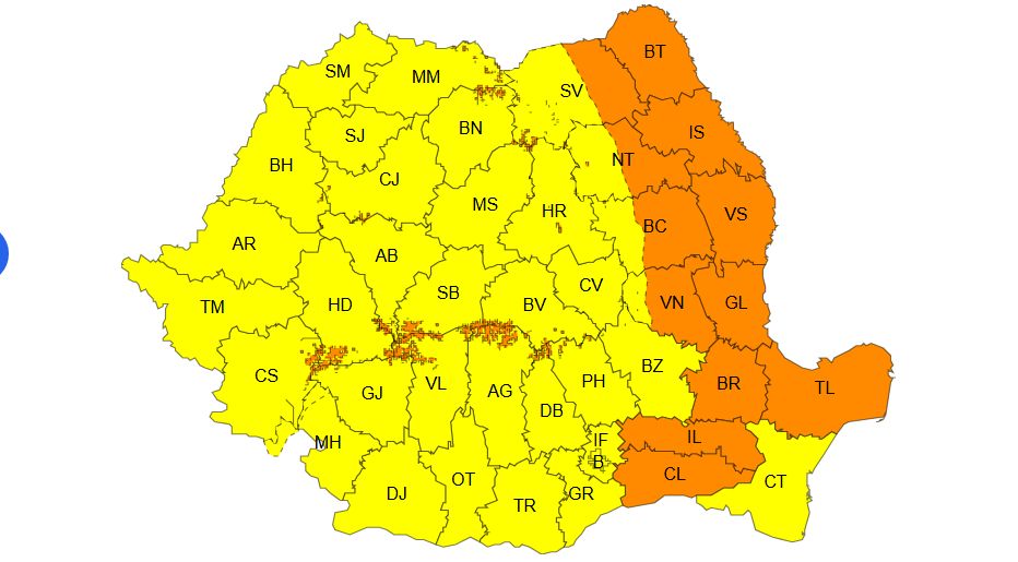 Întreaga țară, sub cod portocaliu și cod galben de intensificări ale vântului, până diseară la ora 21.00