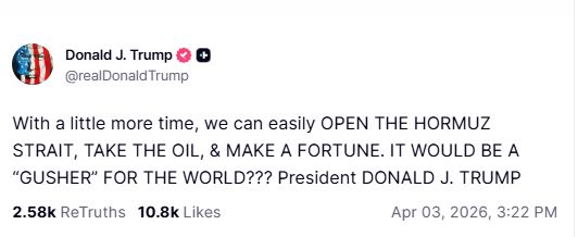 Trump: Cu puțin mai mult timp, putem deschide cu ușurință Strâmtoarea Ormuz, să luăm petrolul și să facem o avere