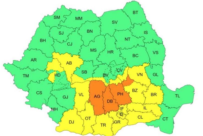 Cod galben şi Cod portocaliu de averse şi vijelii în mai multe zone, până joi dimineaţa