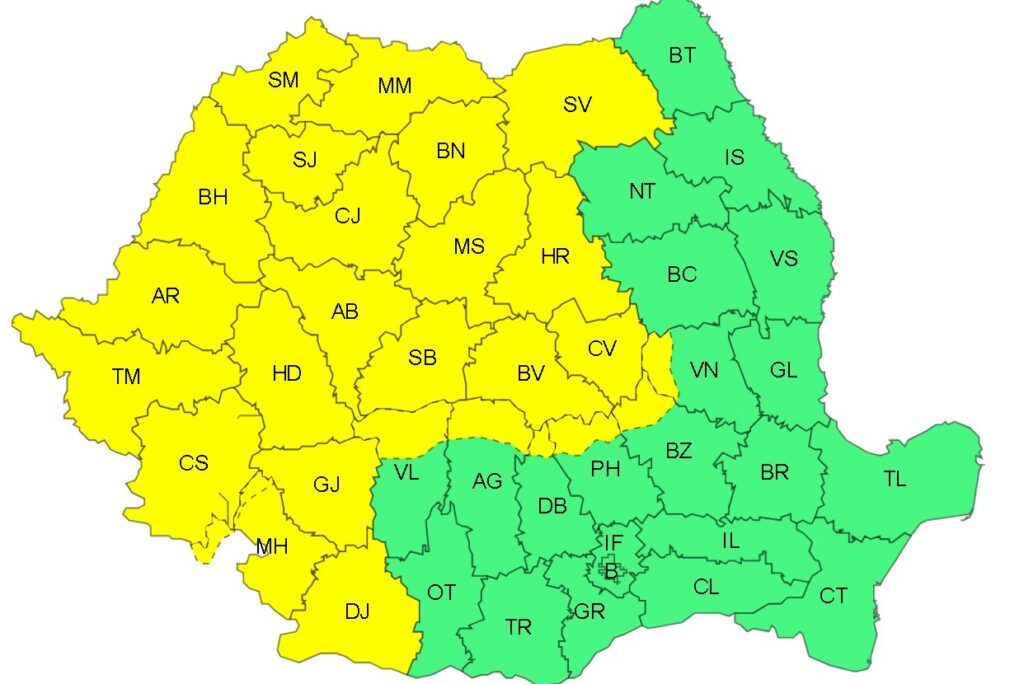 ANM: Atenţionări Cod galben de vreme instabilă şi vânt puternic în mai multe zone din ţară, până marţi seara