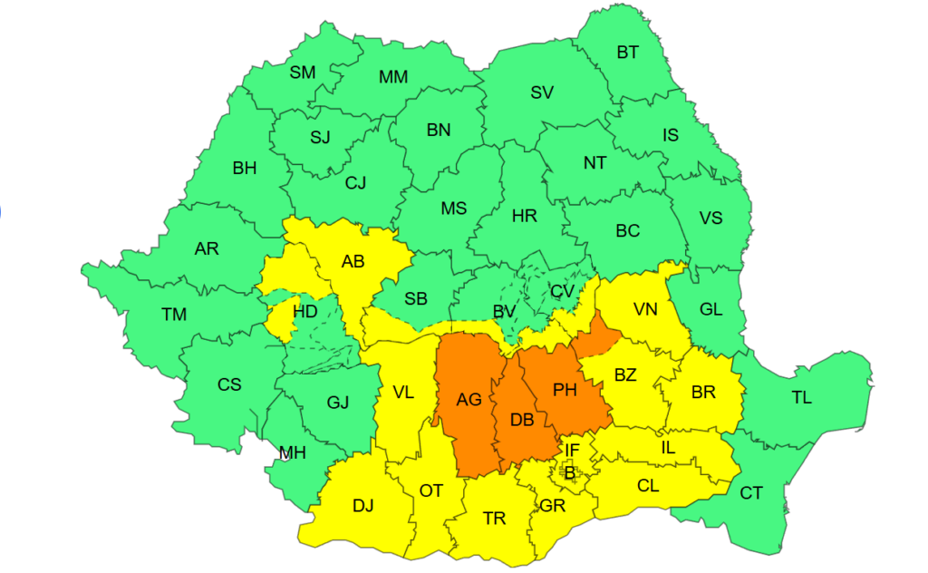 RO-Alert în București: cod portocaliu de furtună, cu ploi torențiale și descărcări electrice
