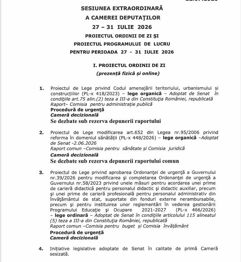 Camera Deputaților, convocată în sesiune extraordinară în perioada 27-31 iulie